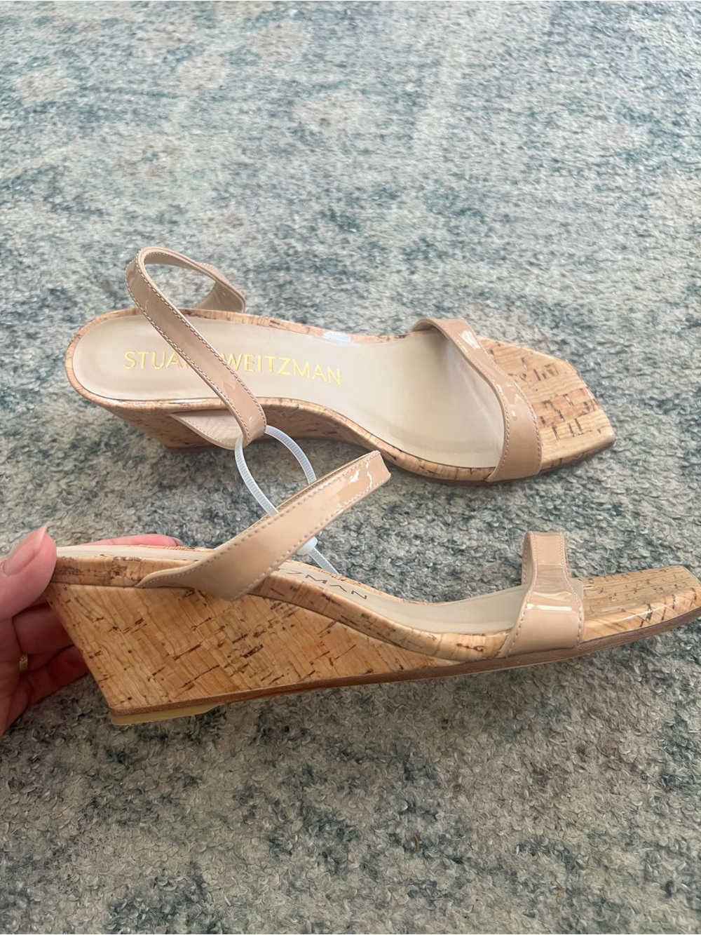 Stuart Weitzman Beige Patent Leather Cork Wedge Sandals